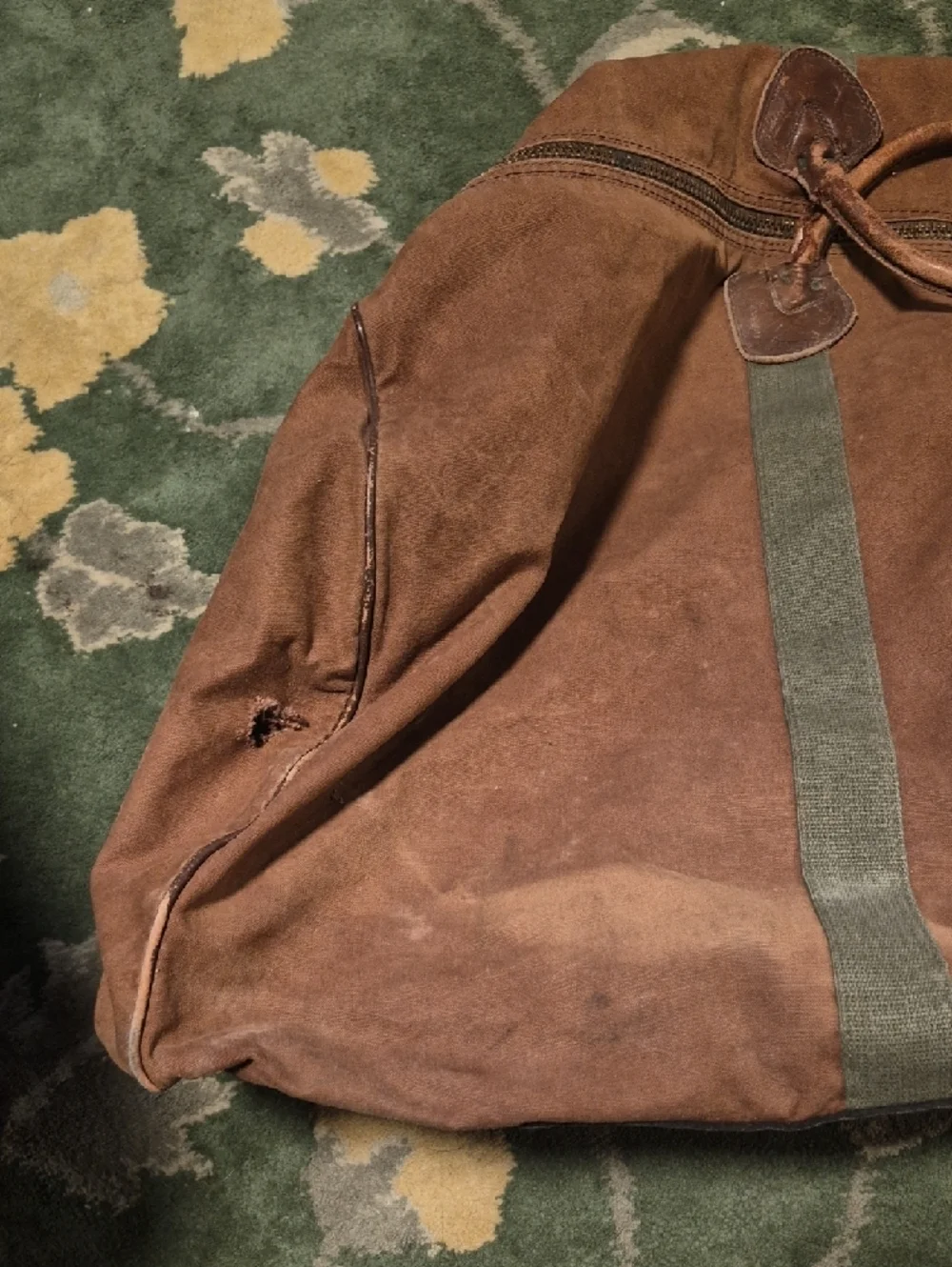 L.L. Bean Brown Canvas Duffel with Green Straps
